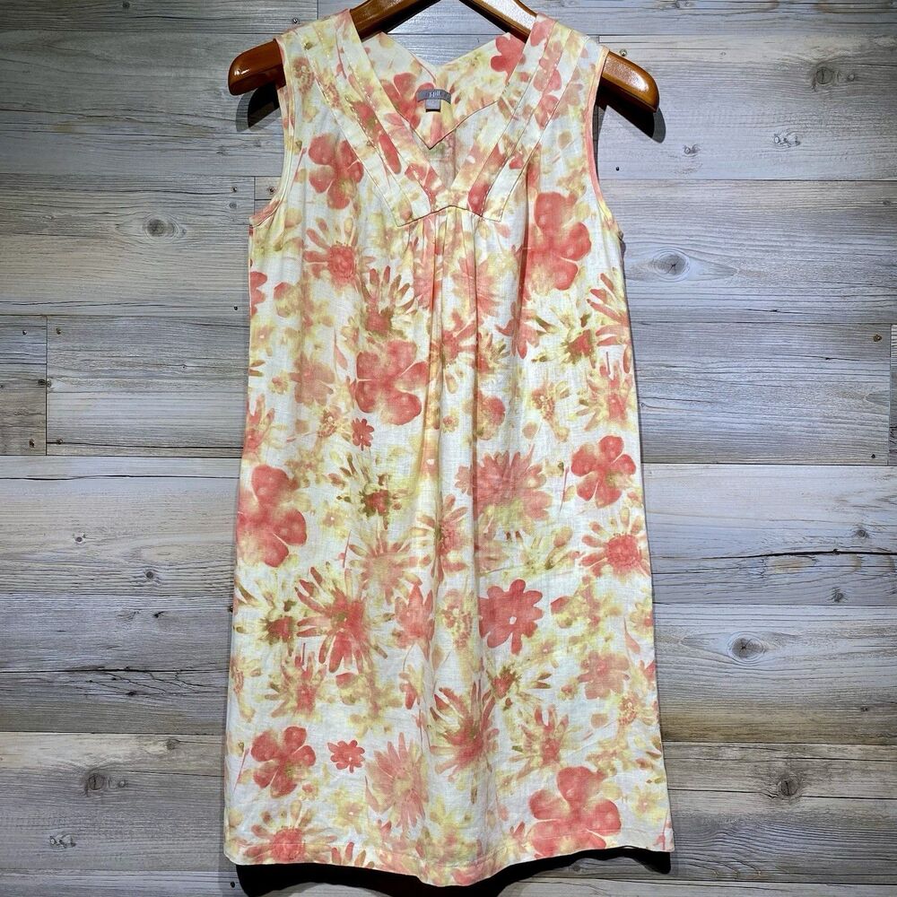 J Jill Linen Shift Dress Sundress Size Small Watercolor Floral Sleeveless Resort